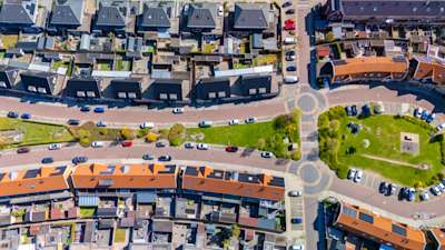 A bird's-eye view of a neighborhood.