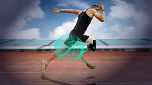 White athletic male sprinting down a track with a prosthetic leg.