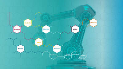 Robotics infographic with blue Siemens gradient overlay