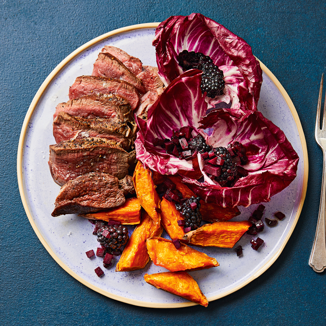 Venison with Sweet Potato Chips and Radicchio, Fermented Beets and Blackberry Salad