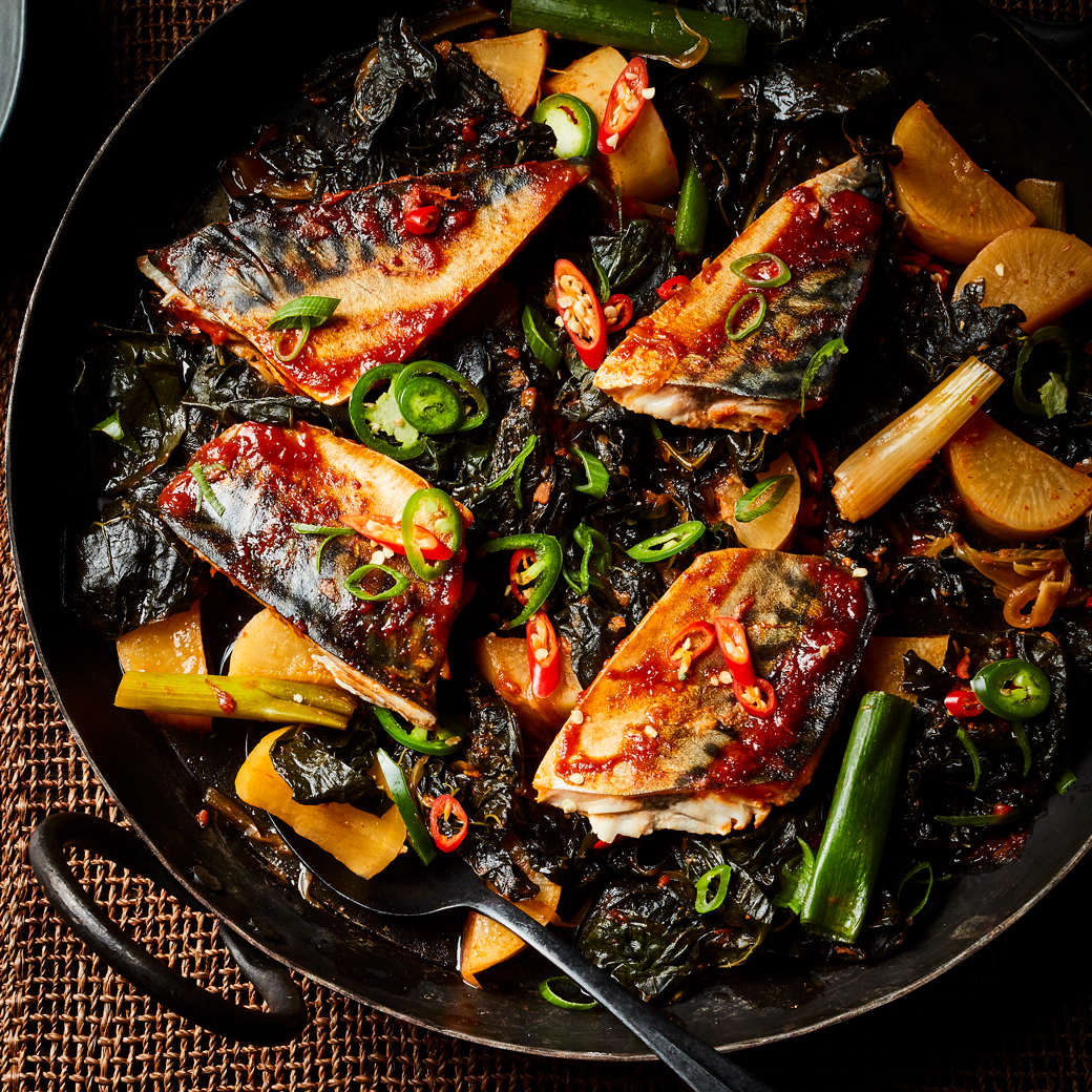 Braised Mackerel with Mooli and Cavolo Nero