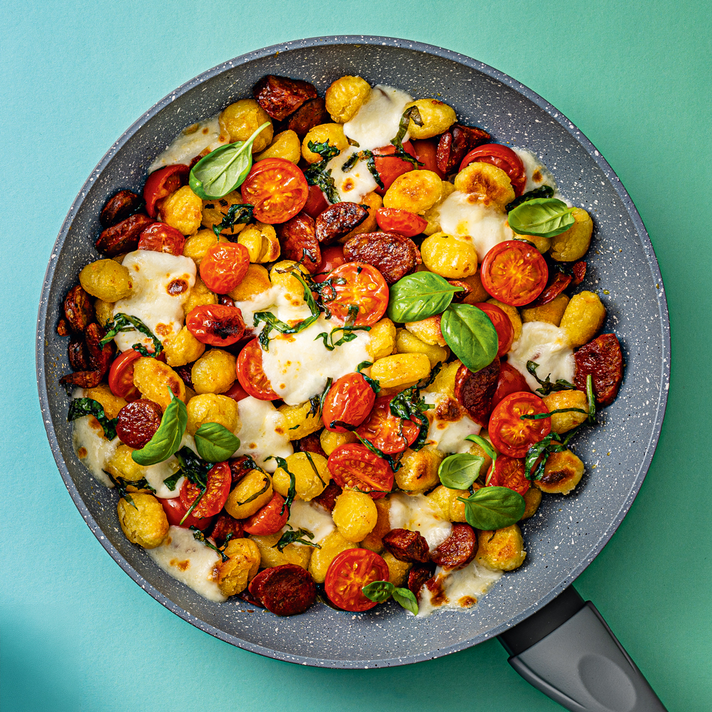 Crispy Gnocchi with Chorizo, Tomatoes and Mozzarella