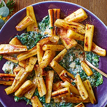 Roast Parsnips with Creamed Spinach
