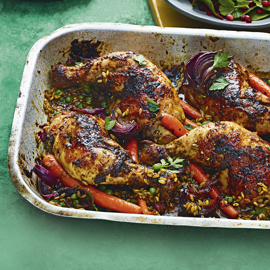 Chermoula Chicken and Caramelised Carrots with Freekeh and Peas