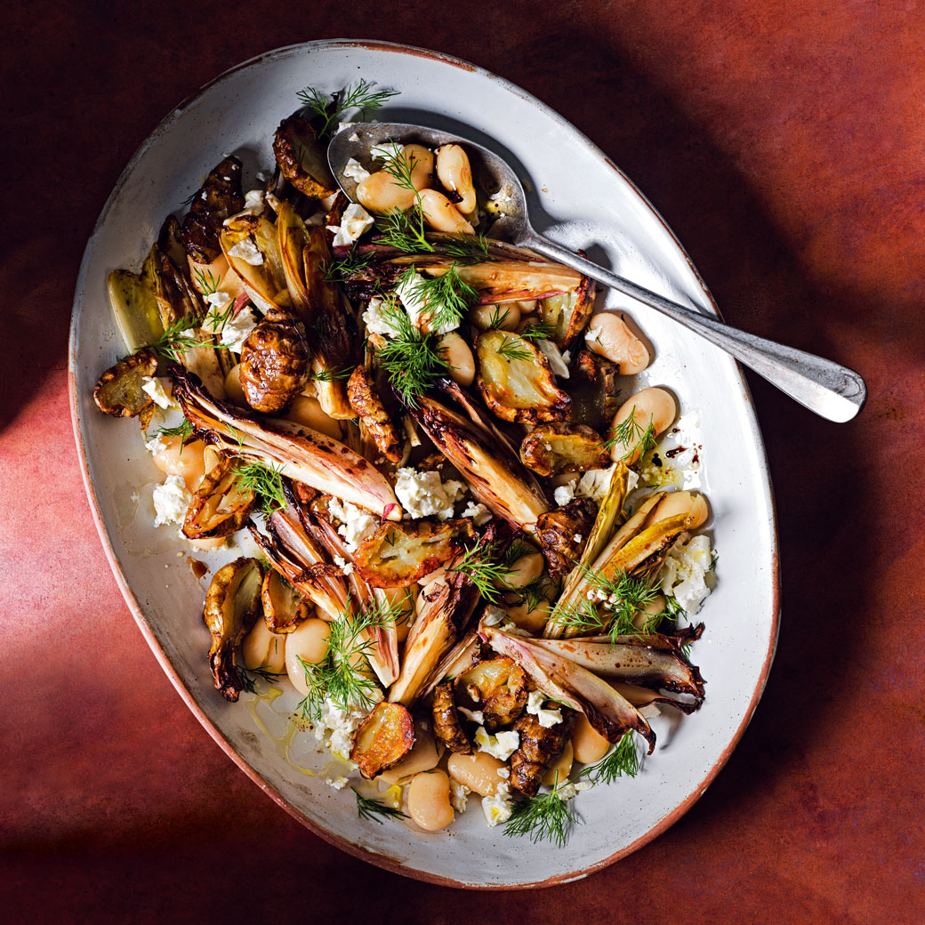 Balsamic Roast Chicory and Jerusalem Artichokes with Dill Butter Beans