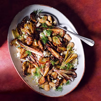 Balsamic Roast Chicory and Jerusalem Artichokes with Dill Butter Beans