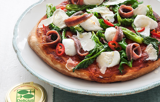 Double Tomato Pizza with Burrata Cheese, Anchovies, Basil, Olive Oil and Chilli