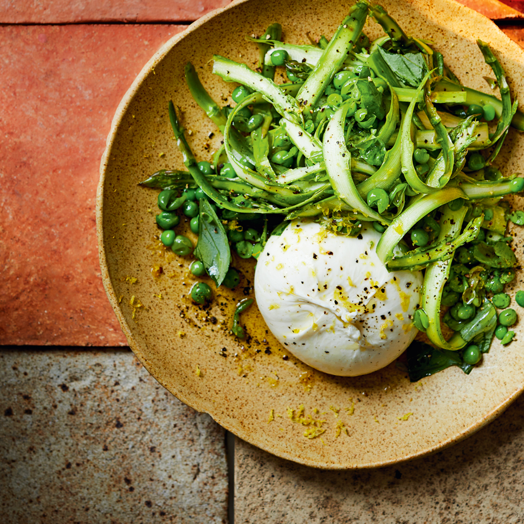 Asparagus, Basil and Pea Salad with Burrata
