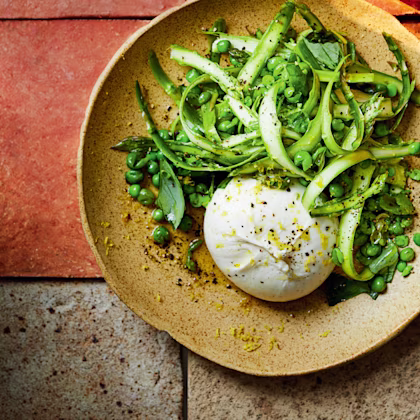 Asparagus, Basil and Pea Salad with Burrata