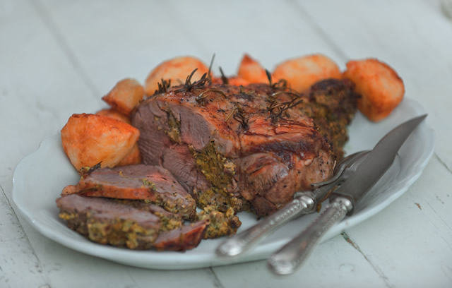 Roast Leg of Welsh Lamb with Pea and Mint Stuffing