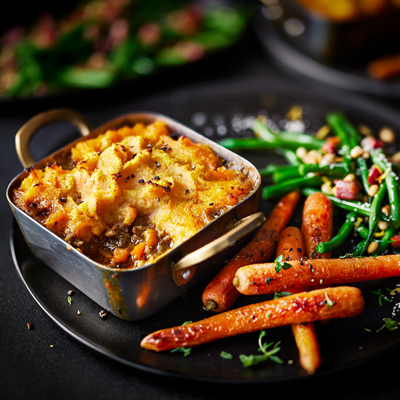 Curried Lamb Sweet Potato Pie with Glazed Vegetables