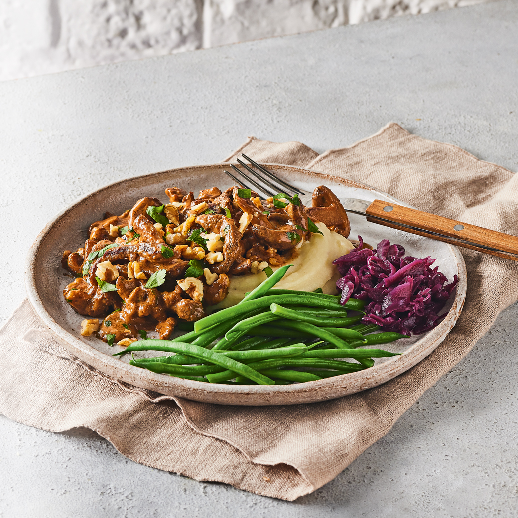 Beef, Mushroom and Walnut Stroganoff