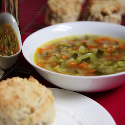 Spring Vegetable Soup with Walnut and Parmesan Scones
