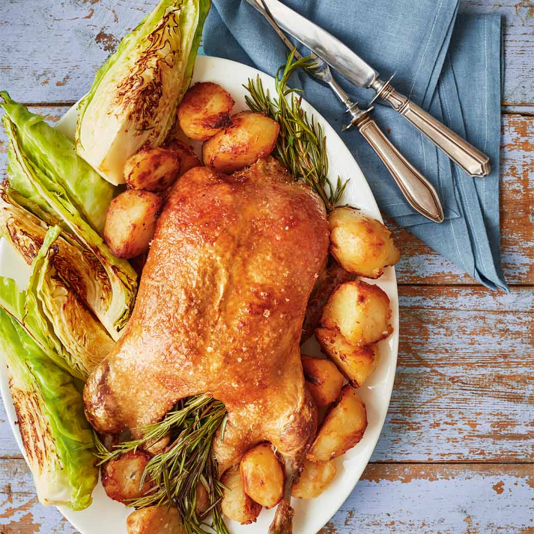 Roast Duck with Potatoes and Charred Pointed Cabbage