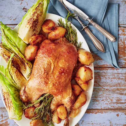 Roast Duck with Potatoes and Charred Pointed Cabbage
