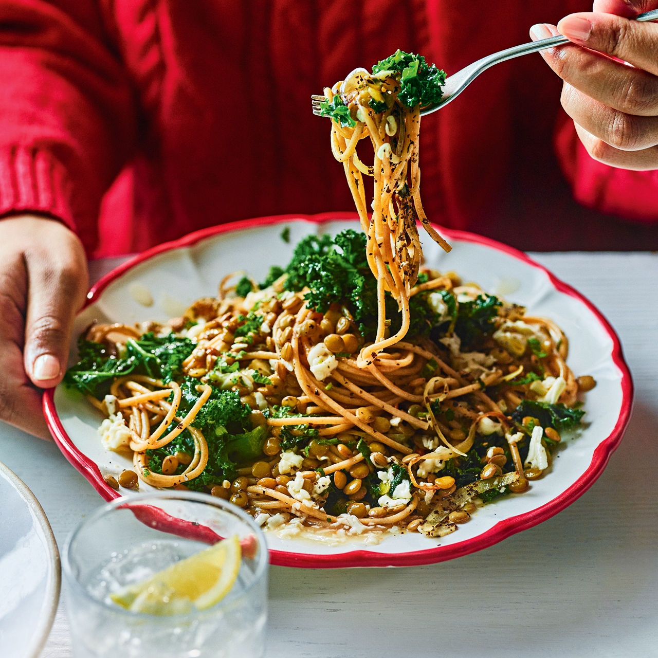 Halloumi, Lentils and Greens Spaghetti