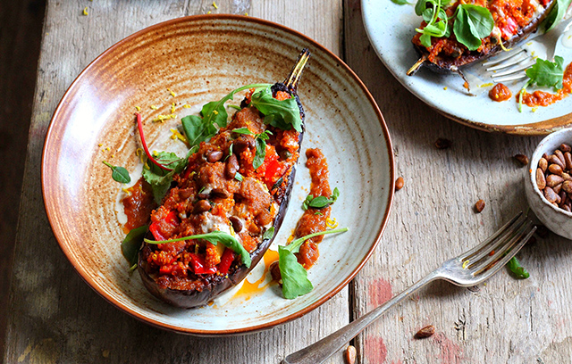 Avant Garde Vegan Stuffed Aubergines with pesto