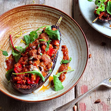 Avant Garde Vegan Stuffed Aubergines with pesto