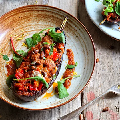 Avant Garde Vegan Stuffed Aubergines with pesto