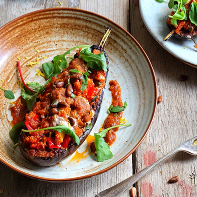 Avant Garde Vegan Stuffed Aubergines with pesto