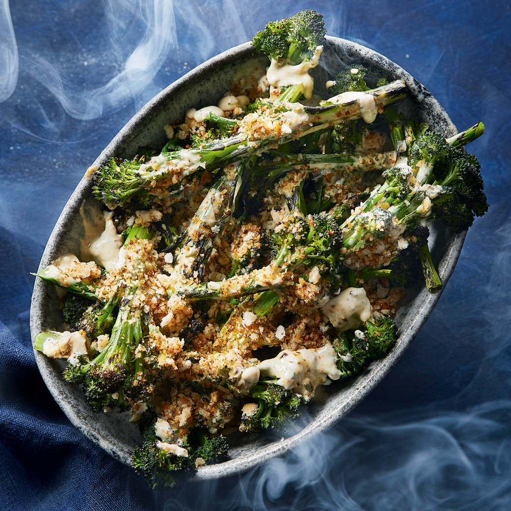 Charred Purple Sprouting Broccoli with Smoked Garlic and Anchovy Cream