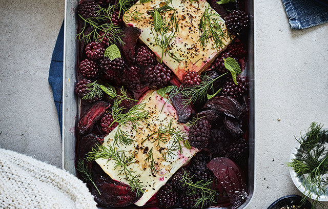 Baked Feta with Beetroot, Blackberries and Honey