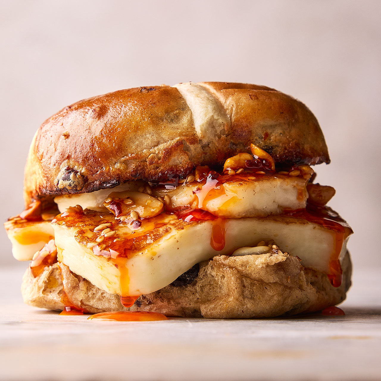 Halloumi and Chilli Oil Hot Cross Bun 