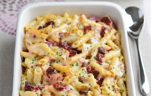 Creamy Pasta Bake with Beetroot and Smoked Ham