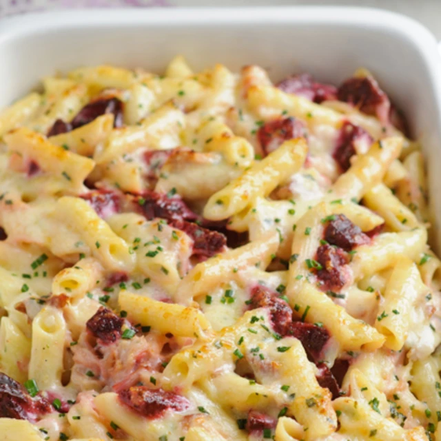 Creamy Pasta Bake with Beetroot and Smoked Ham