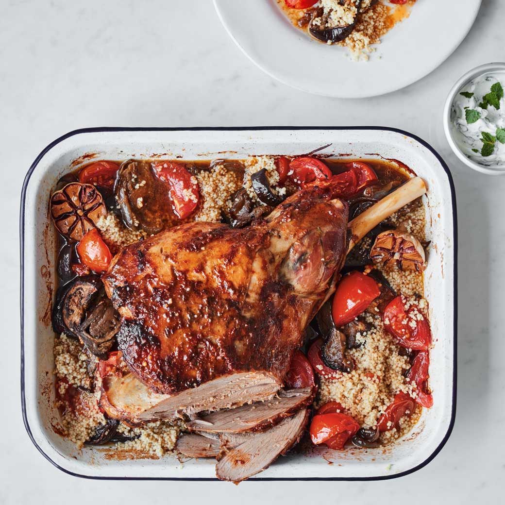 Slow-Cooked Leg of Lamb with Harissa, Roasted Aubergines & Tomatoes