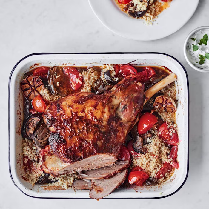 Slow-Cooked Leg of Lamb with Harissa, Roasted Aubergines & Tomatoes