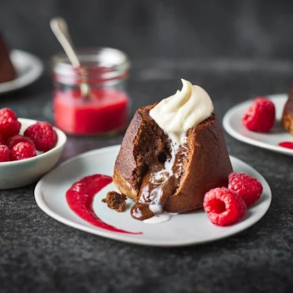 Chocolate Fondant with Raspberry Coulis and Chantilly Cream