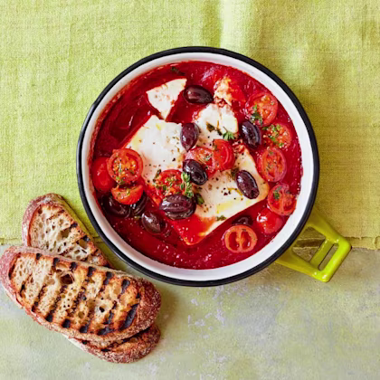 Mediterranean Baked Feta With Tomatoes, Olives and Thyme Served With Sourdough