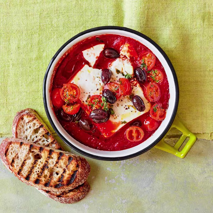 Mediterranean Baked Feta With Tomatoes, Olives and Thyme Served With Sourdough