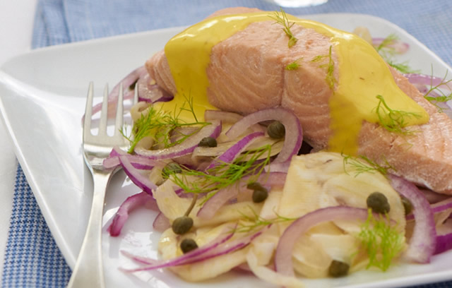 Pan fried Salmon with Fennel Shavings and Saffron Aioli
