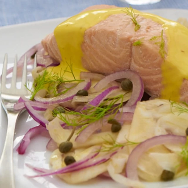 Pan fried Salmon with Fennel Shavings and Saffron Aioli
