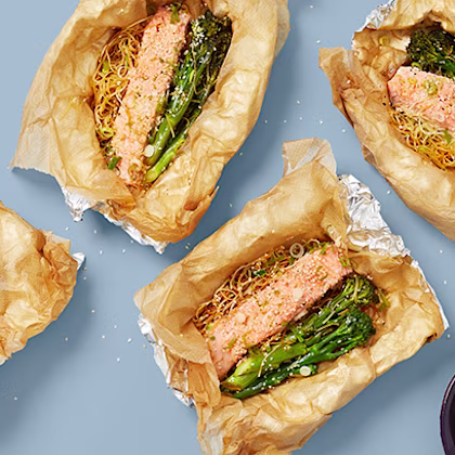 Baked Salmon with Tamari Noodles and Crunchy Broccoli