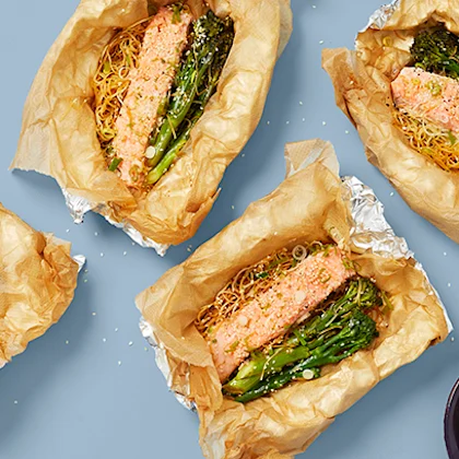 Baked Salmon with Tamari Noodles and Crunchy Broccoli