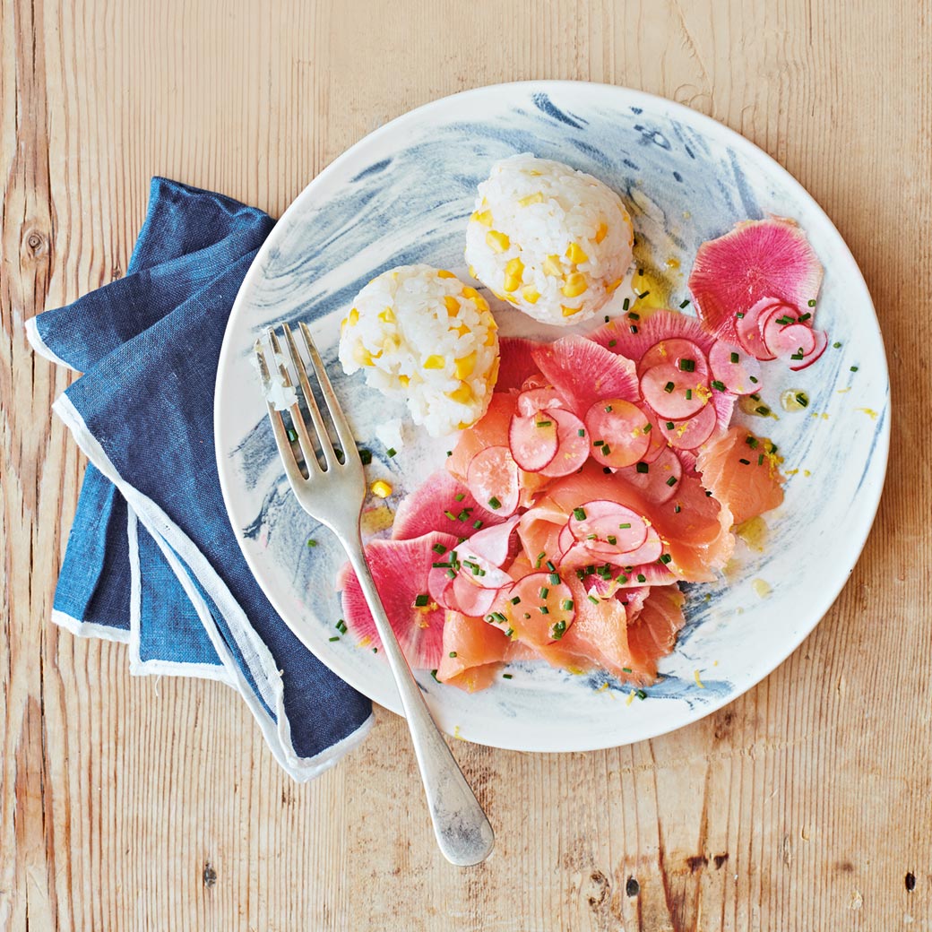 Marinated Smoked Salmon & Radish with Sweetcorn Rice Balls