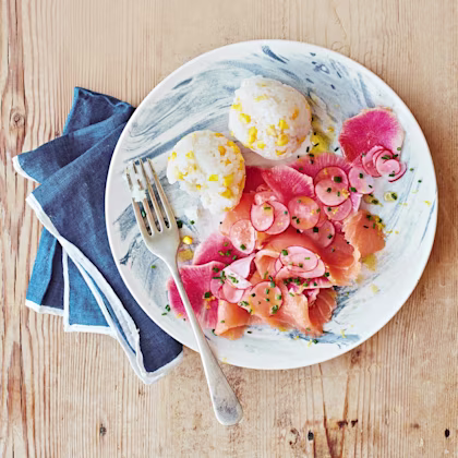 Marinated Smoked Salmon & Radish with Sweetcorn Rice Balls