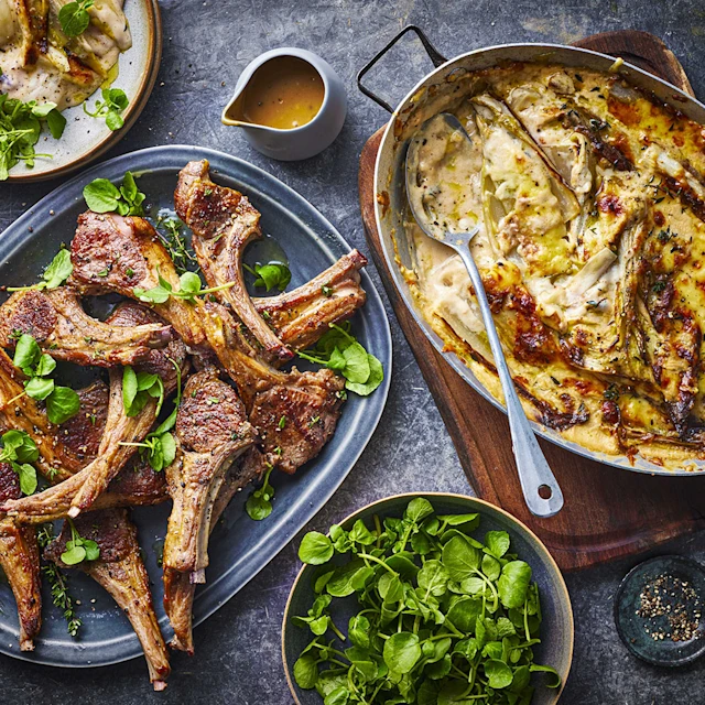 Tom Kerridge’s Easter Lamb Chops with Chicory Gratin and Watercress