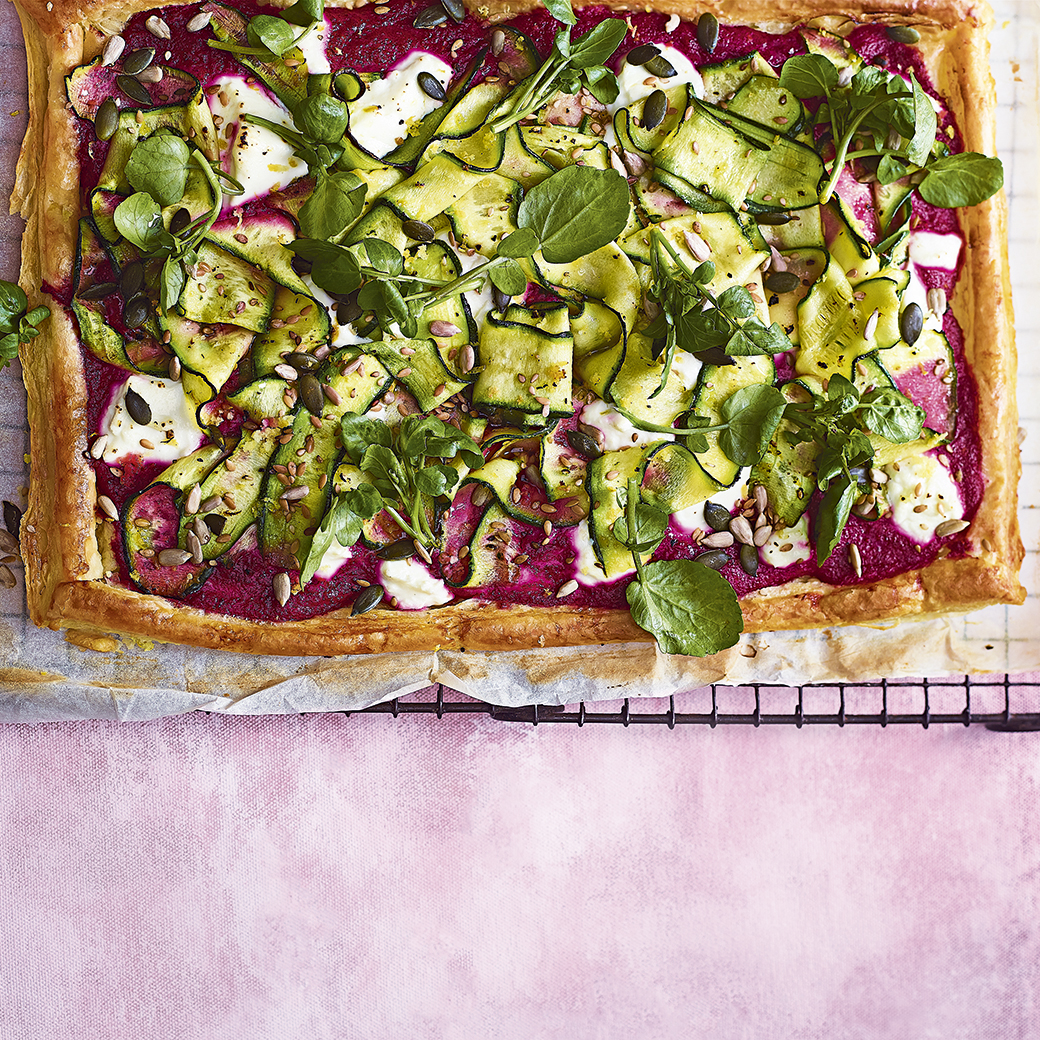 Courgette and Goat’s Cheese Tart with Beetroot Pesto
