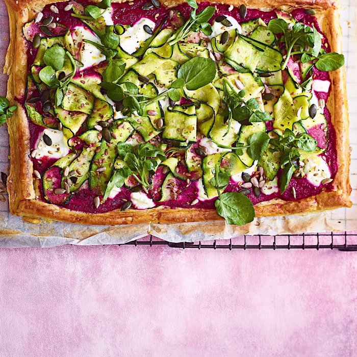Courgette and Goat’s Cheese Tart with Beetroot Pesto