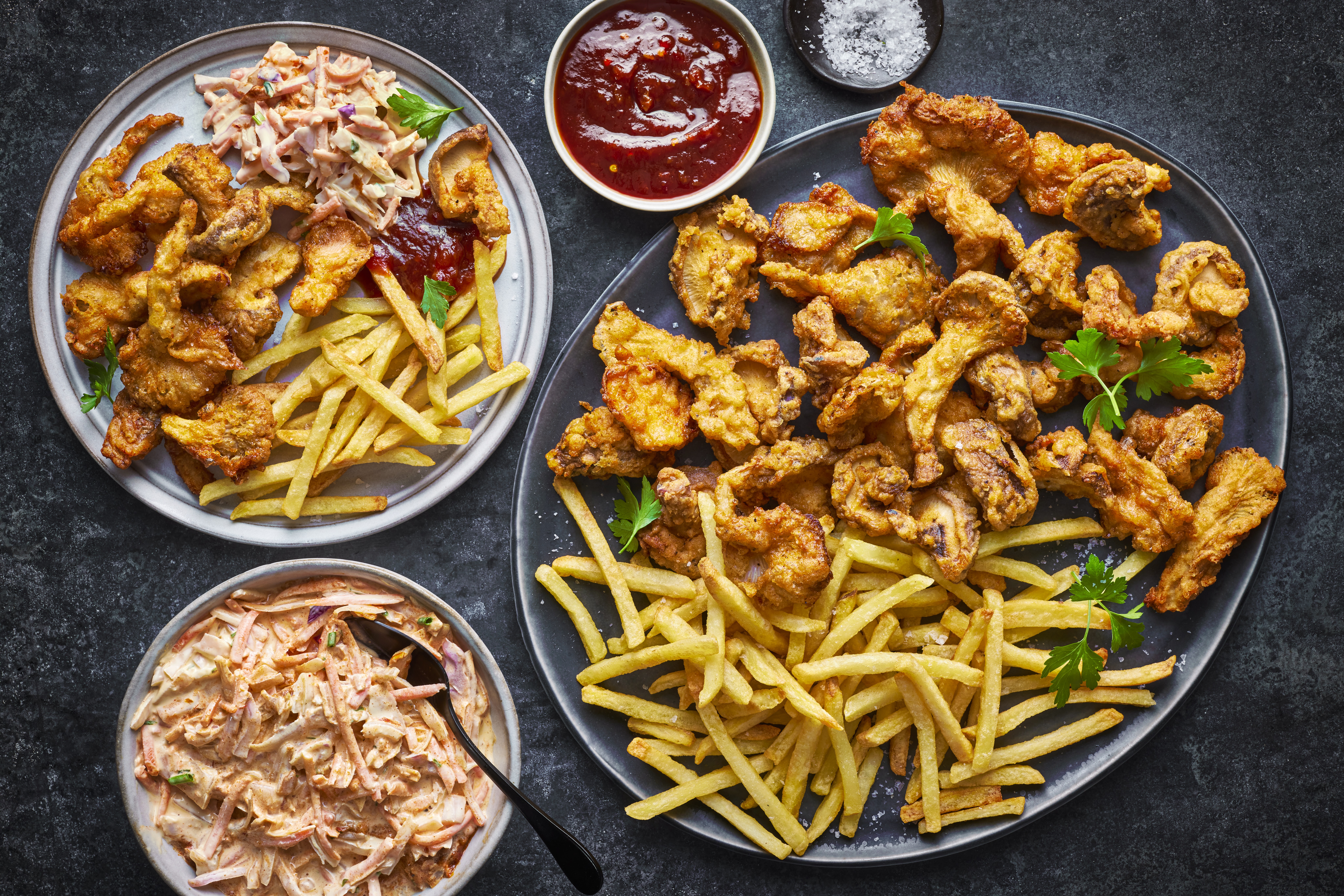 Crispy Fried Mushrooms and chips with Harissa Coleslaw