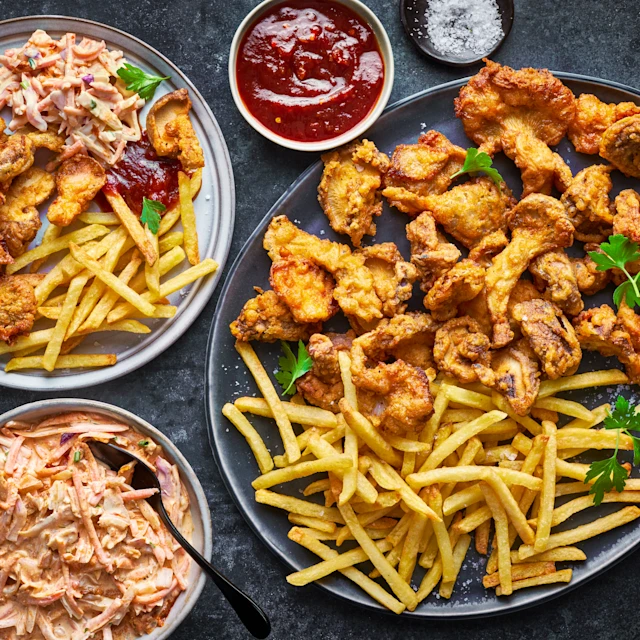 Crispy Fried Mushrooms and chips with Harissa Coleslaw