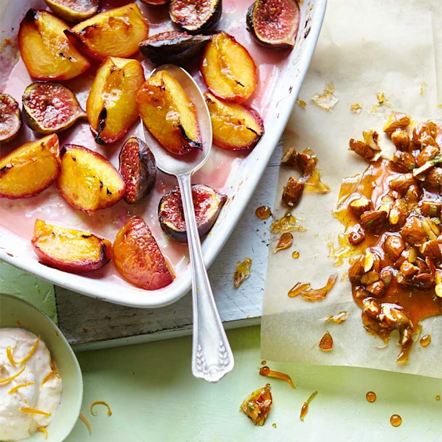 Roast Peaches & Figs with Dairy Free Yoghurt & Nut Brittle