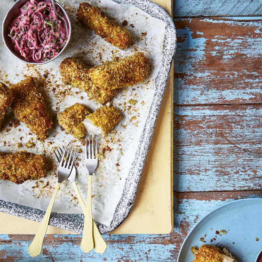 Za’atar Fish Goujons with Beetroot, Potato and Kohlrabi Remoulade