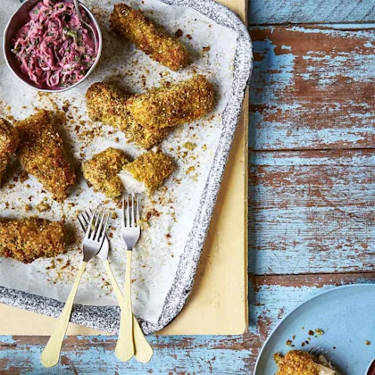 Za’atar Fish Goujons with Beetroot, Potato and Kohlrabi Remoulade