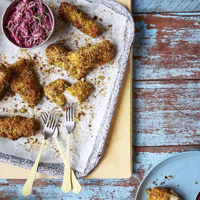Za’atar Fish Goujons with Beetroot, Potato and Kohlrabi Remoulade