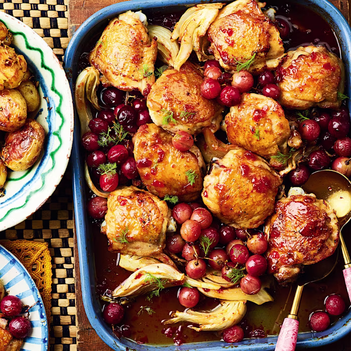 Roast Chicken, Fennel and Grape Traybake with Chilli Jam